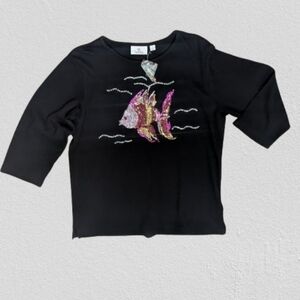 Quacker Factory Black Long Sleeve Top with Colorful Fish Design